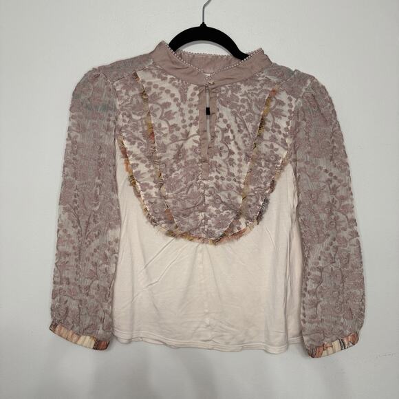 Tiny by Anthropologie Cream & Pink High Neck Lace Front Blouse Size Medium - Picture 3 of 7